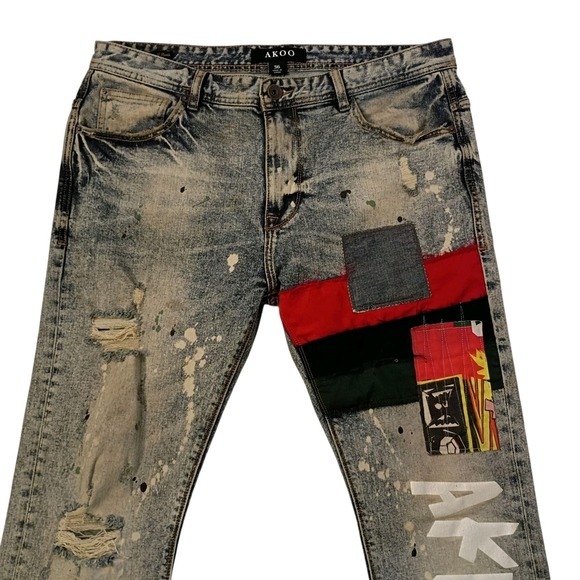 Akoo Other - AKOO Jeans Mens 36 x 32 Paint Splatter Denim Distressed Hip Hop Streetwear